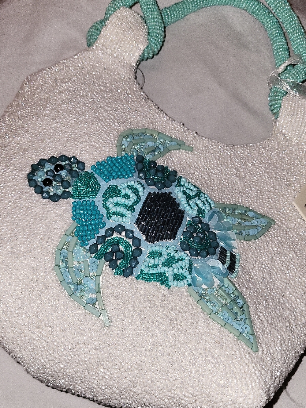 Handcrafted In India Beaded Sea Turtle Satchel Bag - White, Aqua, Blue Grey ML M